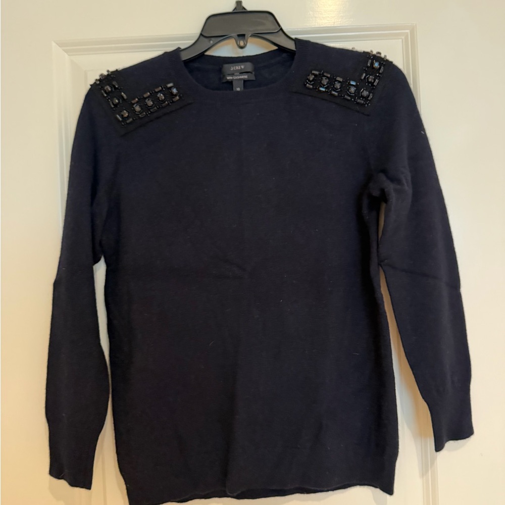 J. Crew Navy Crewneck Sweater with Beaded Shoulder Panels